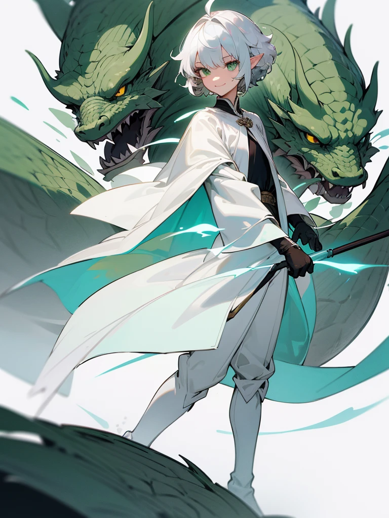 Elf, silver hair,short hair, medium cut, ahoge, curly hair,green eyes,slender, fair skin, cool Smile, robe,  cloak, White gloves, long boots, pants, born Dragon head long rod