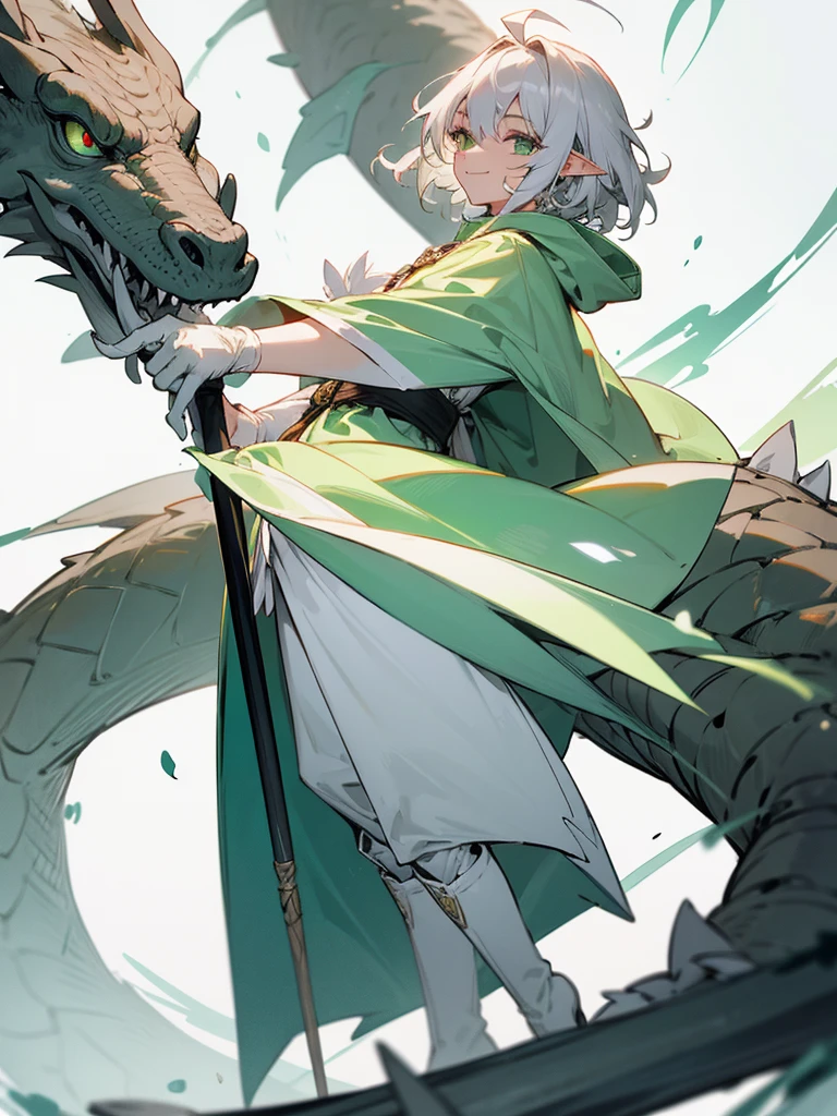 Elf, silver hair,short hair, medium cut, ahoge, curly hair,green eyes,slender, fair skin, cool Smile, robe, cloak, White gloves, long boots, pants, born Dragon head long rod