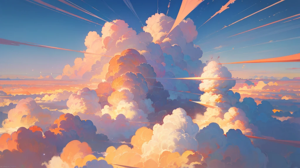 (masterpiece, highest quality:1.2), highest quality, masterpiece, high resolution, anime style, Skyscape, ultra detailed, Skyscape illustration, realistic, super wide sky, sky as far as the eye can see, morning glow, Orange-tinged gradient sky, Telephone poles penetrating the clouds, Large number of poles, Unrealistic, horizon, morning sky, coverd in the cloud, The Land of Clouds, (Shinkai Makoto style:0.5), Looking down on a viewpoint