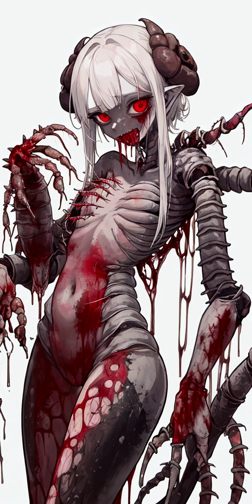 ((Best masterpiece, Perfect quality, Ultra detailed)), ((Grotesque, Fleshy, Bloody, Parasitism)), ((Wounds, Cysts, Blisters, Tumors, Organs)), A skinny girl, With small breasts, With light gray hair, She was parasitized. Parasites parasitized her. Chrysalises are writhing inside her body. Scratched body, Teared skin, Bloody wounds, Decayed limbs, Parasites, Larvas, Maggots, Infection, Infesting, Surrendered