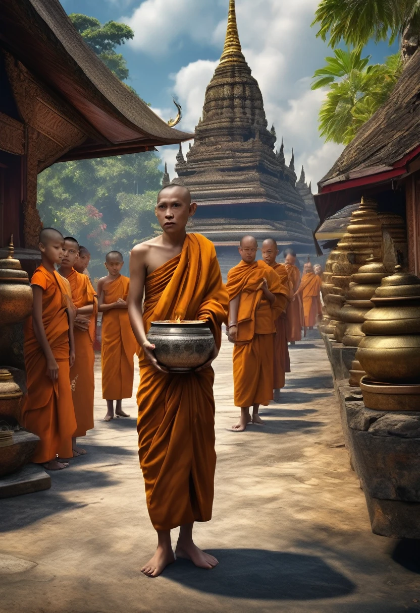 A surreal image of Thai people and villagers paying respects. Thai family Standing monk holding an alms bowl. Monks. The realism of the temple., Realistic photorealism, perfect, high detail, sharp, 8k, fantasy art, realistic.