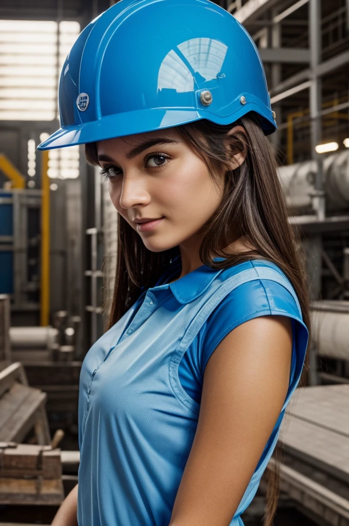 In an industrial environment, full of instruments everywhere. In the middle a woman dressed in blue panties, identified with the name " TECDICA,C.A" He wears a blue helmet identified with the name " TECDICA,C.A" The woman is light brown, long straight hair, large, almond-shaped eyes with a turgid texture. The motto is read YOUR SAFETY IS OUR PEACE OF MIND.
