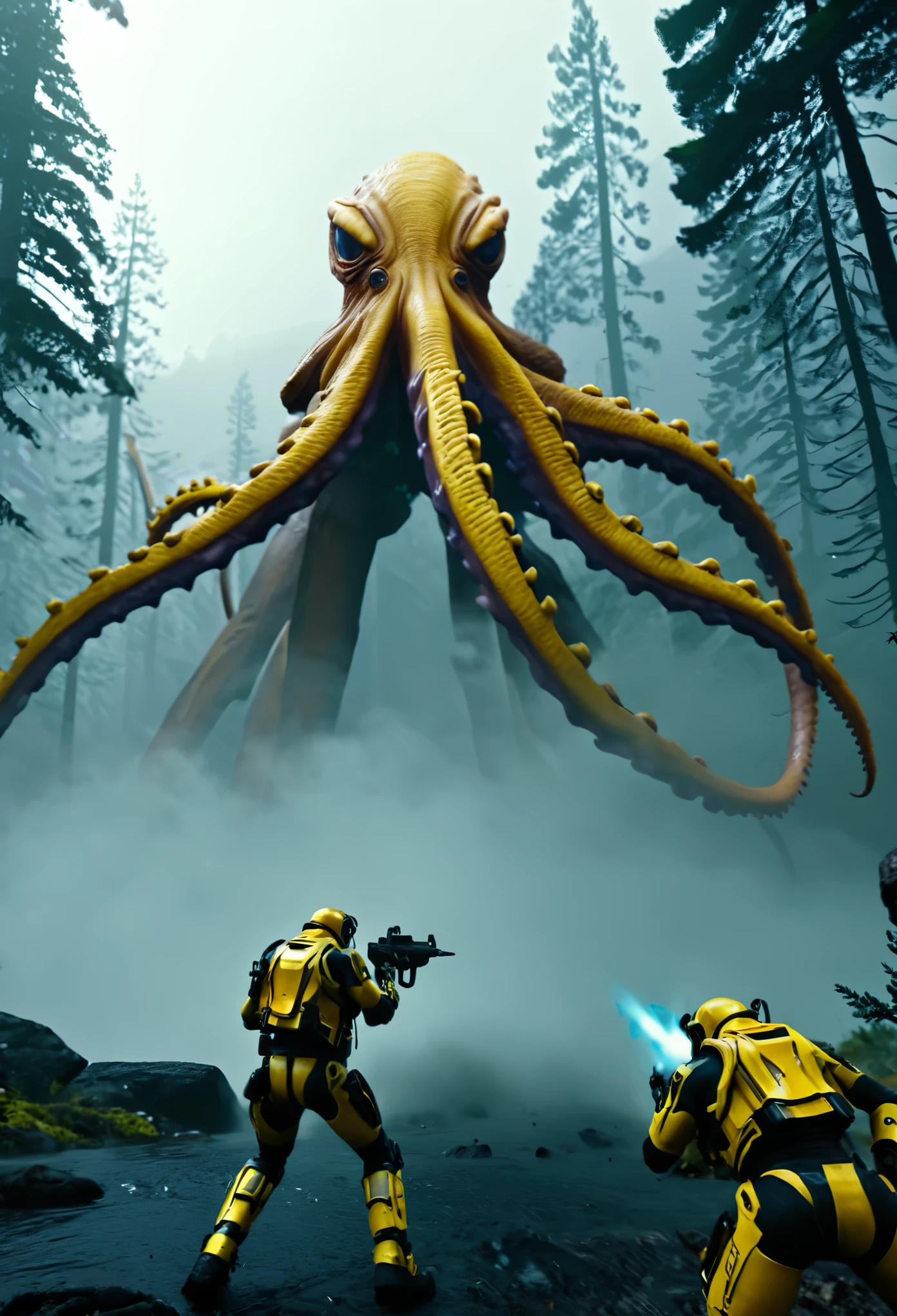    Black mercenaries wearing yellow futuristic armour, shooting at a giant alien octopus and ape hybrid monster, monster shouting while laser bullets from mercenary guns hit it, scene takes place in an alien planet full of fog, mountains and very tall trees,  sci-fi scene, ultra HD, unreal engine rendered, octane 3d rendering, cinematic lighting 