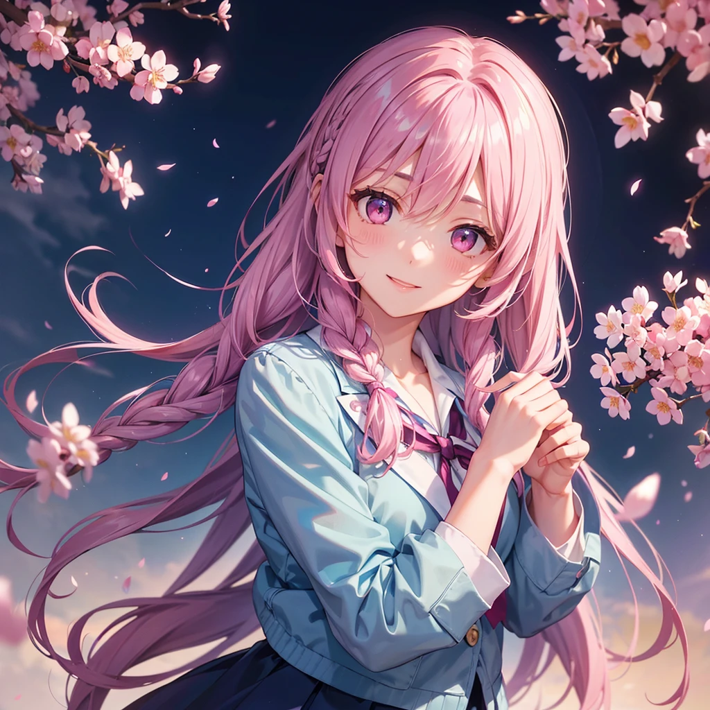 (Sky blue medium hair),(Braided hair tied together)、Pink eyes、Fair skin、(whole body)、(One Girl)、(School uniform blazer)、Cherry Blossoms at Night、A big smile、、(masterpiece、Highest quality、Very detailed、Best Shadow)、(Detailed Background)、(Beautifully detailed face)、High contrast、(Best lighting、Very delicate and beautiful)、((Cinematic Light))、colorful、Hyper Detail、Dramatic Light、Exquisite detail、