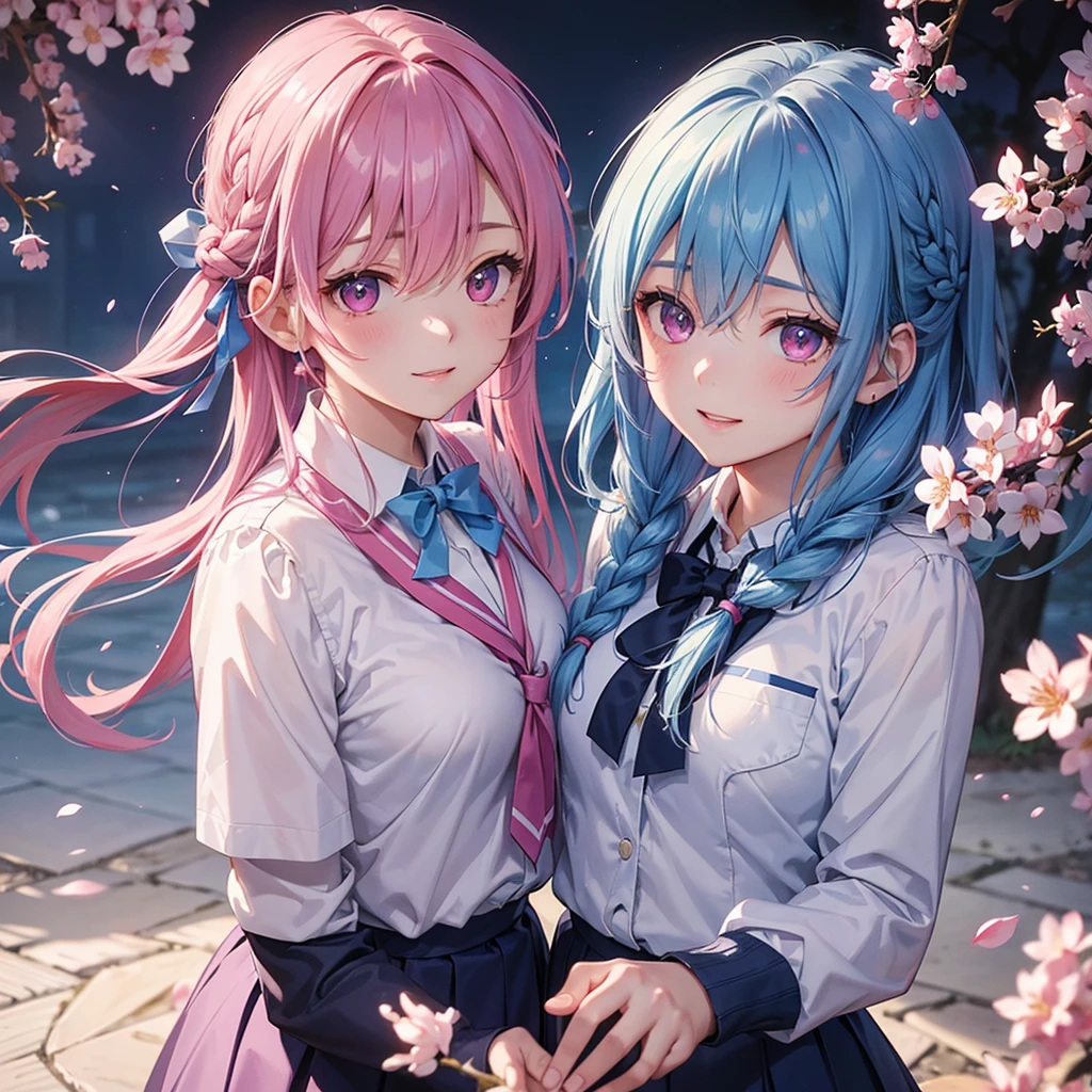 (Sky blue medium hair),(Braided hair tied together)、Pink eyes、Fair skin、(whole body)、(One Girl)、(School uniform blazer)、Cherry Blossoms at Night、A big smile、、(masterpiece、Highest quality、Very detailed、Best Shadow)、(Detailed Background)、(Beautifully detailed face)、High contrast、(Best lighting、Very delicate and beautiful)、((Cinematic Light))、colorful、Hyper Detail、Dramatic Light、Exquisite detail、