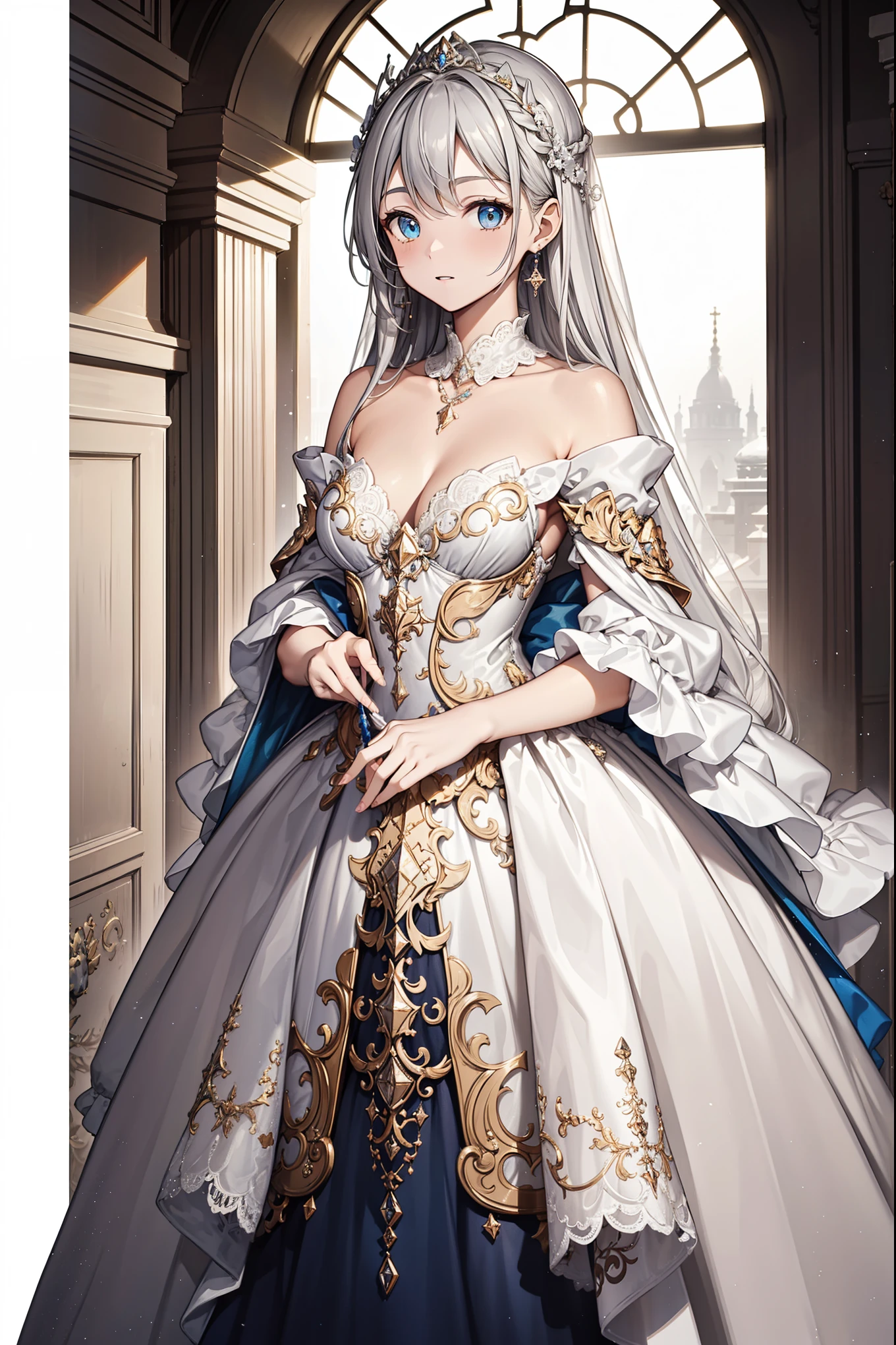 (best quality,4K,8K,high resolution,masterpiece:1.2),Extremely detailed,milf,,magic,enchanting,joy,Divine goddess,magical effect,Silver hair,Blue eyes,Transparent dress,Exquisite decoration,Features of the magical costumes of the heavens，A small amount of sky blue cloth,Exquisite clothing,Layered Skirt,detailed lace,Delicate ruffles,bedroom,Alone,at night,Lace pantyhose,Sacred stripes,Transparent clothing,Jewelry embellishments