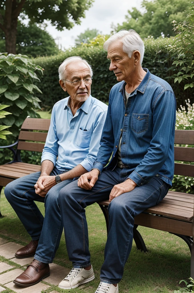 A young man looking worried sitting with an old man on the bench in the garden  3d ai image