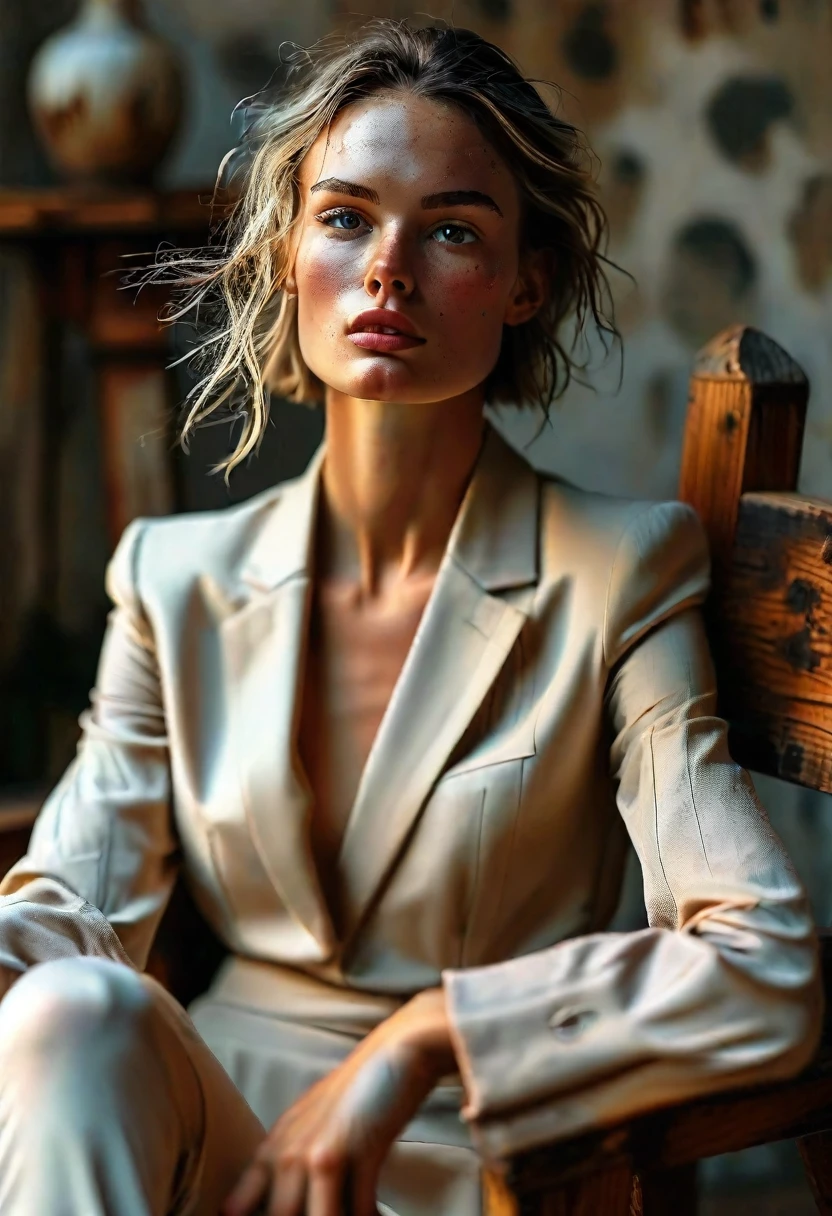 A woman with sleek back hair, wearing a light beige suit, is seated on a wooden chair. Her left leg is bent and resting on the chair, with her right leg crossed over her left. Her left hand rests on her knee, and her right elbow is propped on the back of the chair, with her hand gently resting against her head. She gazes directly at the camera with a composed expression in a minimalistic setting.