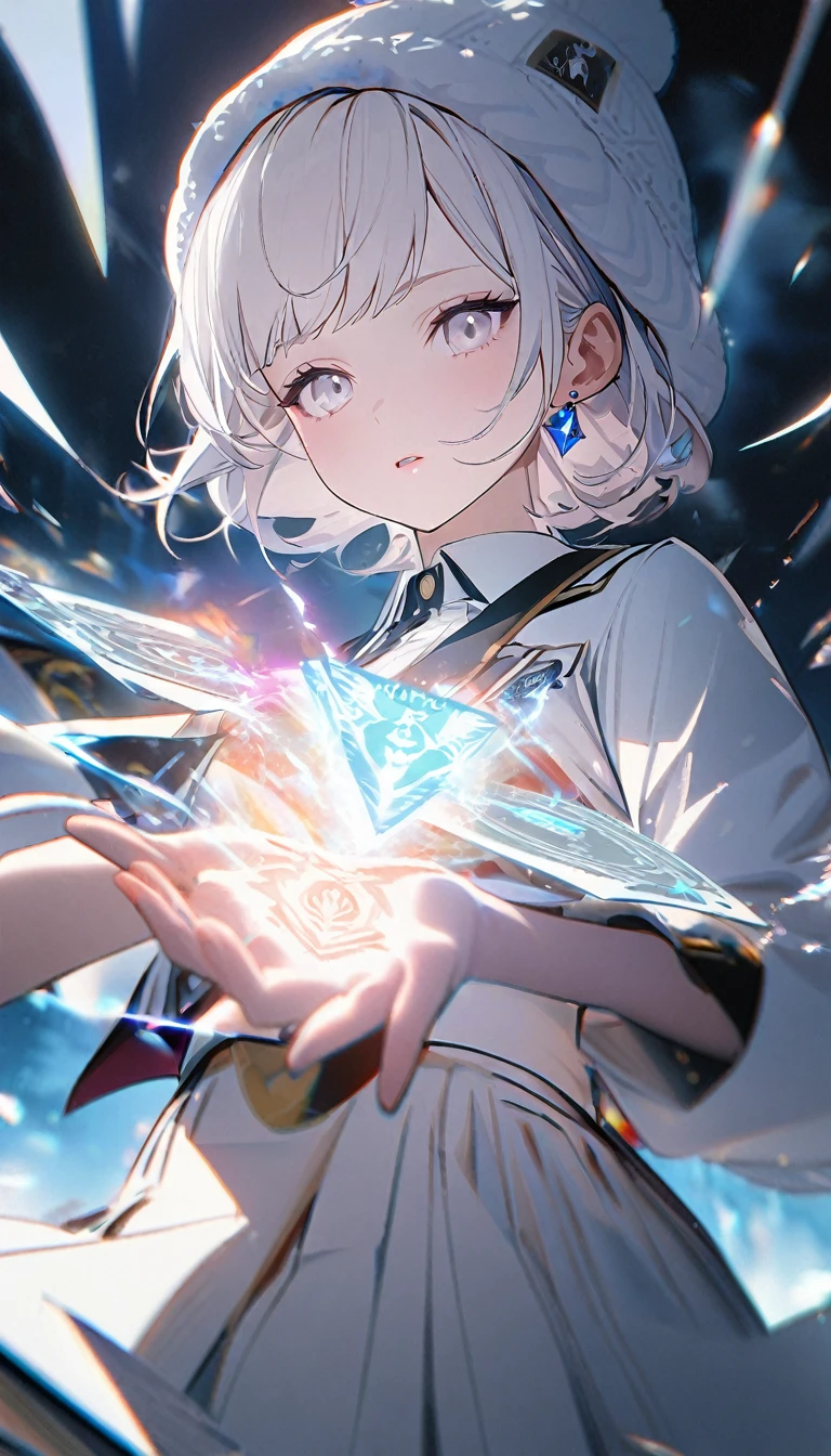 1girl,albino,snow white hair,white eyes,,white blazer with logo ,high waisted white skirt,perfect body, books,calm,white fluffy beanie,blue earrings,8k,high definition ,magic spell