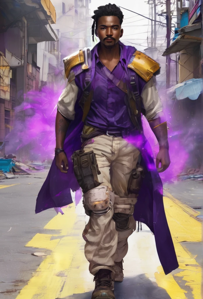 Skin color: offwhite
muka: defined jaw, muka jovem. Bright purple right eye and scars like those on his hand. The region of this eye is also grayish.
stubble with goatee and mustache, Wavy, neck-length brown hair with white streaks in the part where there are scars
cos: Scrawny, slightly defined. 1,83m high.
grayish right arm up to forearm height with cracks exuding purple aura
Indeed, kor: 20 year
Clothing from the day of the accident:
work boots, beige cargo pants, camiseta preta e máscara de pano no muka
scars on face and arm