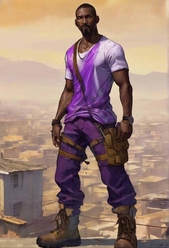  Skin color: offwhite
 muka: defined jaw, muka jovem. Bright purple right eye and scars like those on his hand. The region of this eye is also grayish.
 stubble with goatee and mustache, Wavy, neck-length brown hair with white streaks in the part where there are scars
 cos: Scrawny, slightly defined. 1,83m high.
grayish right arm up to forearm height with cracks exuding purple aura
Indeed, kor: 20 year
 Clothing from the day of the accident:
work boots, beige cargo pants, camiseta preta e máscara de pano no muka
scars on face and arm 