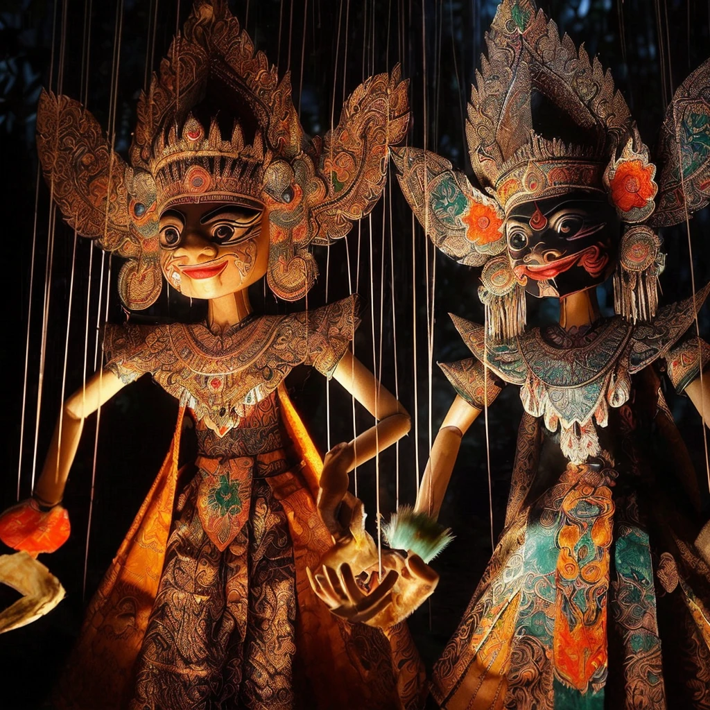 (very sharp photo result, hyper realistic photo) (Best Quality), (masterpiece), (Ultra-detailed CG),(magical ) traditional heritage indonesian west java puppet "wayang golek", pandawa character detailed material & painting with traditional batik cloth ornament, posing dramatically, shadow & light, night shoot shade backlight treatment, taken with DLSR photo, hasselblad, medium lens