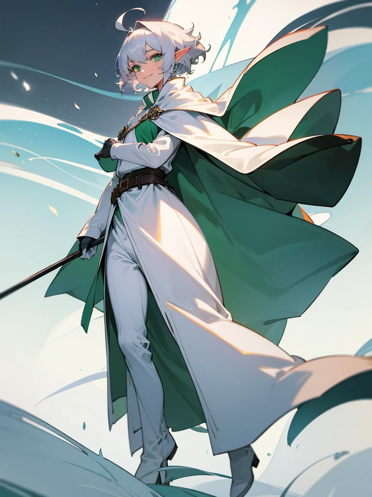 Elf, silver hair,short hair, medium cut, ahoge, curly hair,green eyes,slender, fair skin, cool Smile, robe, cloak, White gloves, long boots, pants
