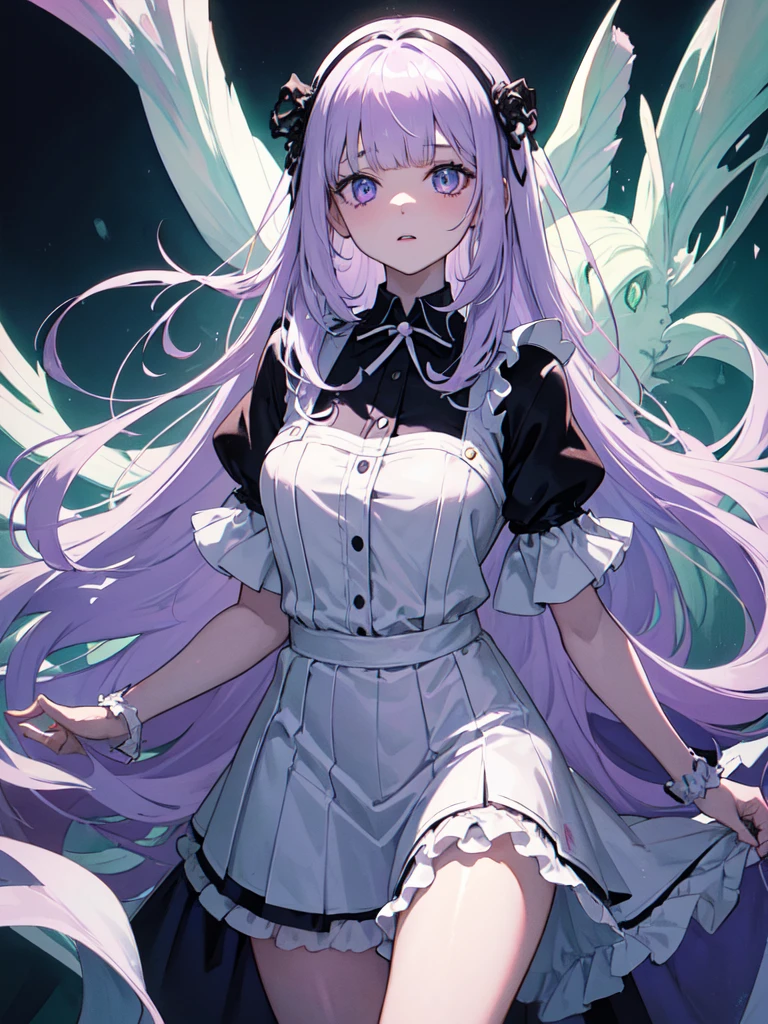 Maid clothes,sketch (Character design sheet, same characters, whole body, Three-View, front, ~ ~ ~ side, return),(Very bright:1.1), White Background, [1 Girl:7], (Tilt your head:1.2), ([sketch|watercolor \(Moderate\)]:1.15),full body, Full bangs,(Full bangs, Straight bangs, The bangs are aligned diagonally), （Gradient braided hair, (Light purple hair), (Ink blotches:1.1), (pale:1.2),(Light purple:1.2),(Light green:1.2)）　and full body, Artistic elements add depth to the work. The overall atmosphere is creepy and nightmarish..., With a unique artistic touch. This movie is、The dark and crazy world of horror movies depicted in HD., Evoke visual stimuli and aesthetic sense, It will terrify and excite the audience....,watercolor画, （Lightless, Eyes without highlights, Evil Eye, A bad looking person with white eyes, It&#39;s a red eyeliner）,whole body絵, Maid clothesを着ている and （Mature face,tall, Wearing black tights,Green Eyes, The skin is hidden　and maid, The background is a dark and desolate landscape, Horror movie atmosphere. Her figure is extremely beautiful, Emphasizing the dark and crazy elements. Skillfully expressing the effects of light and shadow, detailed, The face and expression of the black costume are also carefully drawn.　and ..,sketch (Character design sheet, same characters, whole body, Three-View, front, ~ ~ ~ side, return) and 1 female, Nervous,Cowboy Shot,,(Very bright:1.1), White Background, [1 Girl:7], (Tilt your head:1.2), ([sketch|watercolor \(Moderate\)]:1.15),Chaotic Abstraction