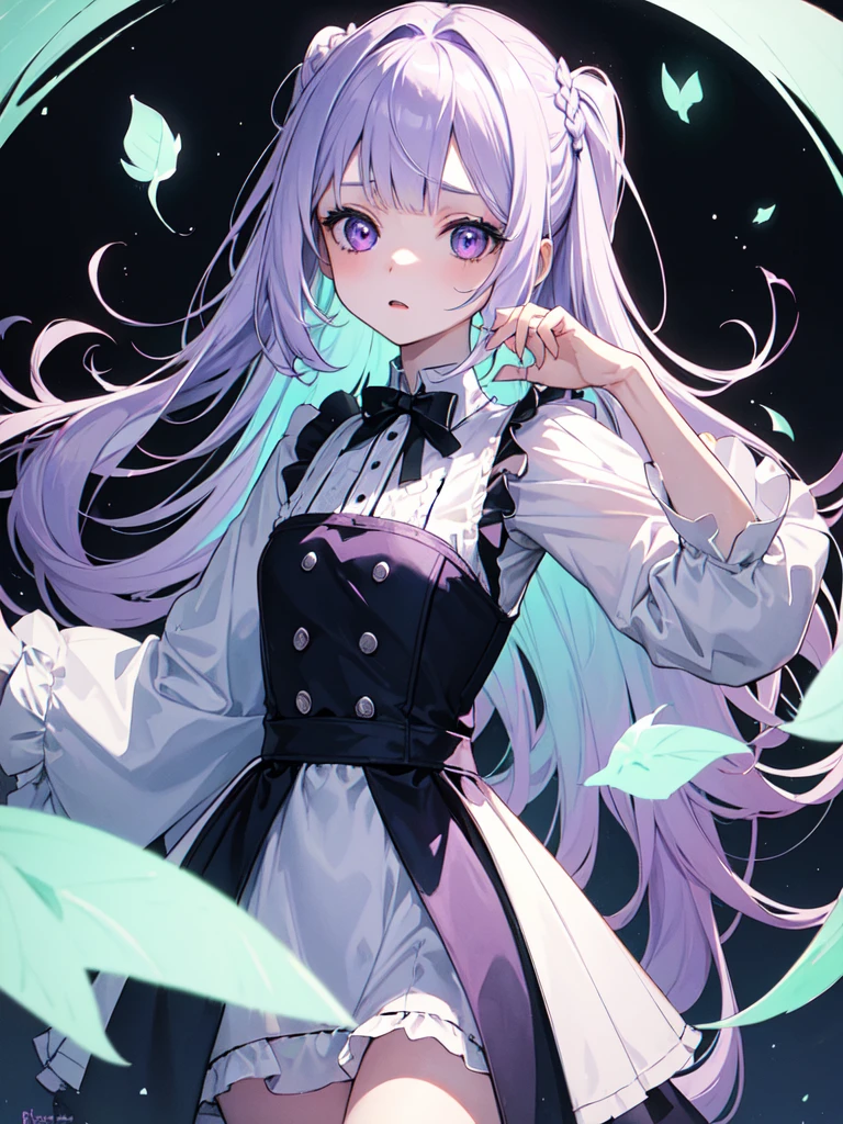 Maid clothes,sketch (Character design sheet, same characters, whole body, Three-View, front, ~ ~ ~ side, return),(Very bright:1.1), White Background, [1 Girl:7], (Tilt your head:1.2), ([sketch|watercolor \(Moderate\)]:1.15),full body, Full bangs,(Full bangs, Straight bangs, The bangs are aligned diagonally), （Gradient braided hair, (Light purple hair), (Ink blotches:1.1), (pale:1.2),(Light purple:1.2),(Light green:1.2)）　and full body, Artistic elements add depth to the work. The overall atmosphere is creepy and nightmarish..., With a unique artistic touch. This movie is、The dark and crazy world of horror movies depicted in HD., Evoke visual stimuli and aesthetic sense, It will terrify and excite the audience....,watercolor画, （Lightless, Eyes without highlights, Evil Eye, A bad looking person with white eyes, It&#39;s a red eyeliner）,whole body絵, Maid clothesを着ている and （Mature face,tall, Wearing black tights,Green Eyes, The skin is hidden　and maid, The background is a dark and desolate landscape, Horror movie atmosphere. Her figure is extremely beautiful, Emphasizing the dark and crazy elements. Skillfully expressing the effects of light and shadow, detailed, The face and expression of the black costume are also carefully drawn.　and ..,sketch (Character design sheet, same characters, whole body, Three-View, front, ~ ~ ~ side, return) and 1 female, Nervous,Cowboy Shot,,(Very bright:1.1), White Background, [1 Girl:7], (Tilt your head:1.2), ([sketch|watercolor \(Moderate\)]:1.15),Chaotic Abstraction