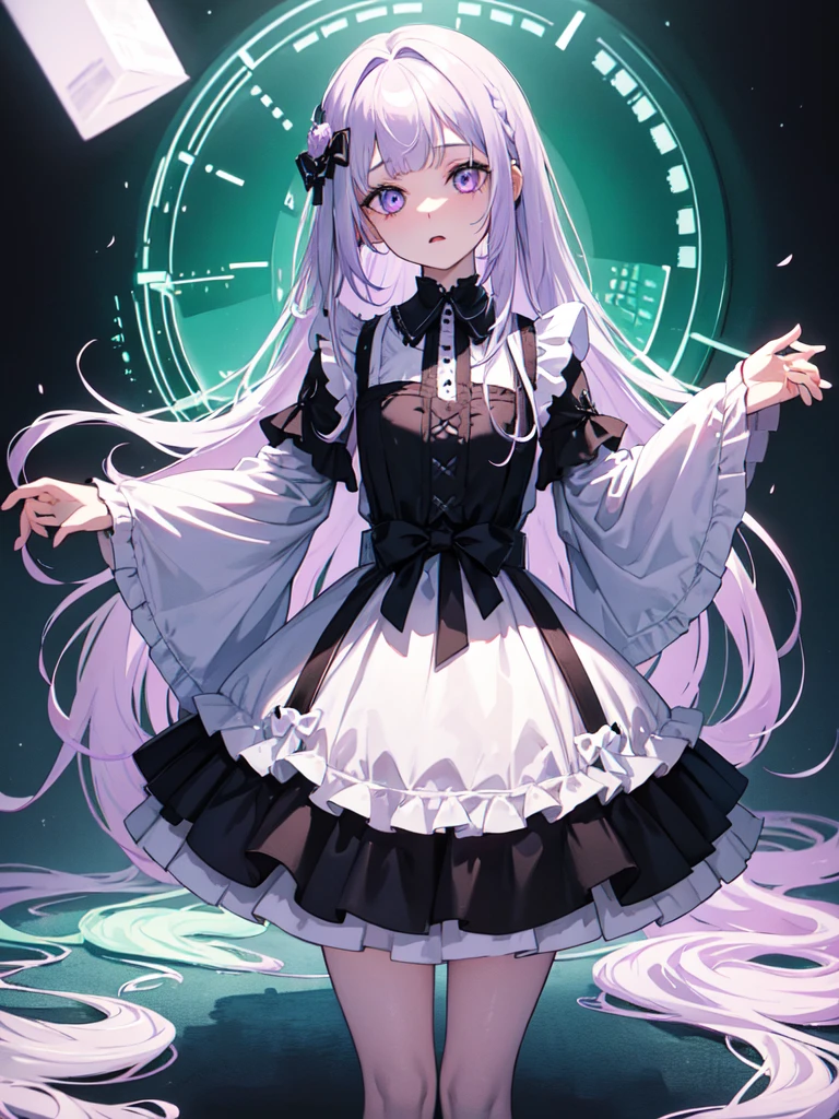 Maid clothes,sketch (Character design sheet, same characters, whole body, Three-View, front, ~ ~ ~ side, return),(Very bright:1.1), White Background, [1 Girl:7], (Tilt your head:1.2), ([sketch|watercolor \(Moderate\)]:1.15),full body, Full bangs,(Full bangs, Straight bangs, The bangs are aligned diagonally), （Gradient braided hair, (Light purple hair), (Ink blotches:1.1), (pale:1.2),(Light purple:1.2),(Light green:1.2)）　and full body, Artistic elements add depth to the work. The overall atmosphere is creepy and nightmarish..., With a unique artistic touch. This movie is、The dark and crazy world of horror movies depicted in HD., Evoke visual stimuli and aesthetic sense, It will terrify and excite the audience....,watercolor画, （Lightless, Eyes without highlights, Evil Eye, A bad looking person with white eyes, It&#39;s a red eyeliner）,whole body絵, Maid clothesを着ている and （Mature face,tall, Wearing black tights,Green Eyes, The skin is hidden　and maid, The background is a dark and desolate landscape, Horror movie atmosphere. Her figure is extremely beautiful, Emphasizing the dark and crazy elements. Skillfully expressing the effects of light and shadow, detailed, The face and expression of the black costume are also carefully drawn.　and ..,sketch (Character design sheet, same characters, whole body, Three-View, front, ~ ~ ~ side, return) and 1 female, Nervous,Cowboy Shot,,(Very bright:1.1), White Background, [1 Girl:7], (Tilt your head:1.2), ([sketch|watercolor \(Moderate\)]:1.15),Chaotic Abstraction