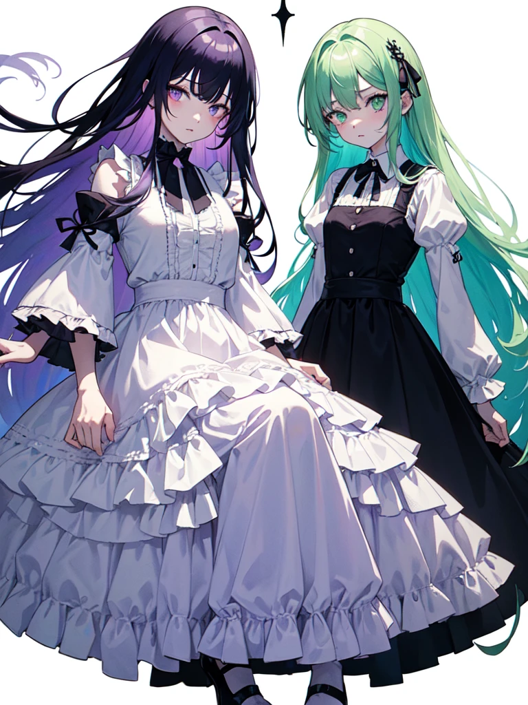 Maid clothes,sketch (Character design sheet, same characters, whole body, Three-View, front, ~ ~ ~ side, return),(Very bright:1.1), White Background, [1 Girl:7], (Tilt your head:1.2), ([sketch|watercolor \(Moderate\)]:1.15),full body, Full bangs,(Full bangs, Straight bangs, The bangs are aligned diagonally), （Gradient braided hair, (Light purple hair), (Ink blotches:1.1), (pale:1.2),(Light purple:1.2),(Light green:1.2)）　and full body, Artistic elements add depth to the work. The overall atmosphere is creepy and nightmarish..., With a unique artistic touch. This movie is、The dark and crazy world of horror movies depicted in HD., Evoke visual stimuli and aesthetic sense, It will terrify and excite the audience....,watercolor画, （Lightless, Eyes without highlights, Evil Eye, A bad looking person with white eyes, It&#39;s a red eyeliner）,whole body絵, Maid clothesを着ている and （Mature face,tall, Wearing black tights,Green Eyes, The skin is hidden　and maid, The background is a dark and desolate landscape, Horror movie atmosphere. Her figure is extremely beautiful, Emphasizing the dark and crazy elements. Skillfully expressing the effects of light and shadow, detailed, The face and expression of the black costume are also carefully drawn.　and ..,sketch (Character design sheet, same characters, whole body, Three-View, front, ~ ~ ~ side, return) and 1 female, Nervous,Cowboy Shot,,(Very bright:1.1), White Background, [1 Girl:7], (Tilt your head:1.2), ([sketch|watercolor \(Moderate\)]:1.15),Chaotic Abstraction