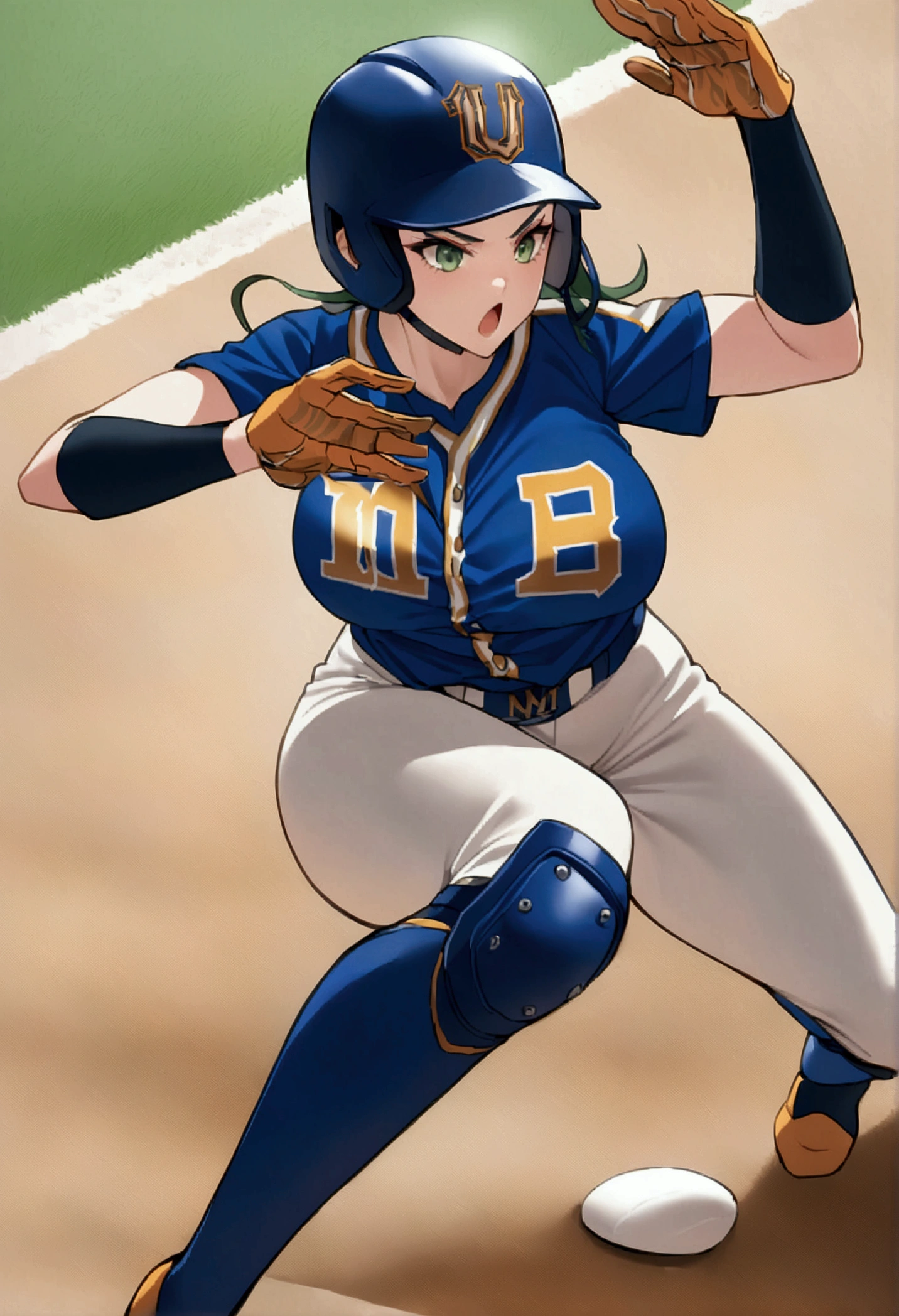 Future female baseball players, The baseball uniform of the future will be form-fitting with elbow and knee protectors, text on her chest of shirt is "Tigers",(button gap:-1), tight fitted long pants, knee pad, elbow pad, Baseball helmet with decorative lettering "T", big covered breasts, dynamic pose, action, baseball diamond background,