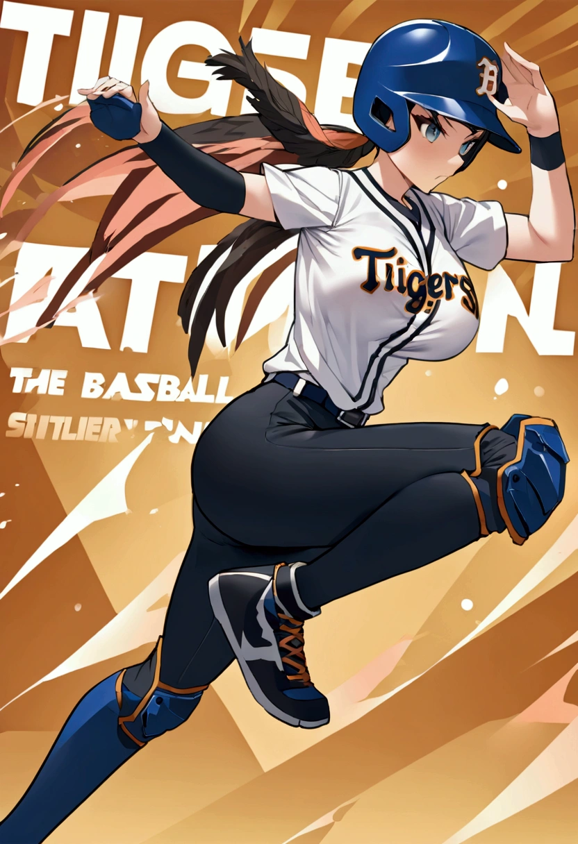 Future female baseball players, The baseball uniform of the future will be form-fitting with elbow and knee protectors, text on her chest of shirt is "Tigers",(button gap:-1), tight fitted long pants, knee pad, elbow pad, Baseball helmet with decorative lettering "T", big covered breasts, dynamic pose, action, baseball diamond background,