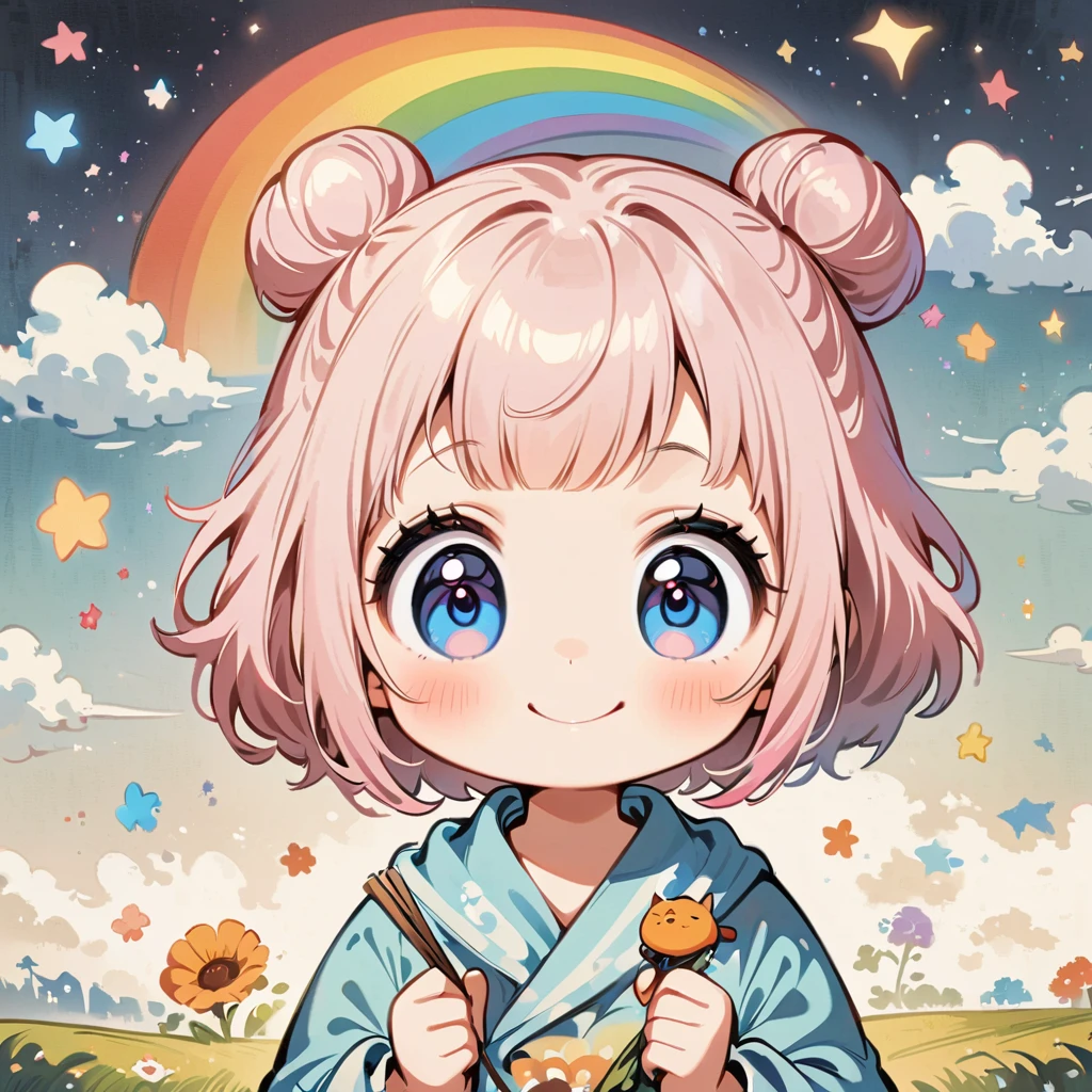 one piece、Doing hand-held fireworks、Draw a rainbow in the background、smile、pale pink hair、Short hair with a bun、Cartoon style character design,1 Girl, alone,Big eyes,Cute expression、interesting,interesting,Clean Lines