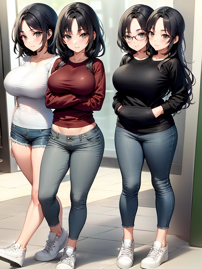 ,best quality, girl, in a sweatshirt, sneakers and jeans, masterpiece, long hair, black hairs, gray eyes, a slim body, (four heads).