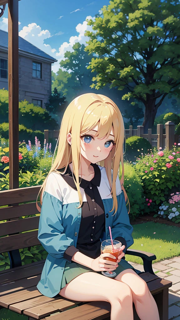 Gal、Around 25 years old、Anime style illustrations、garden、Sitting on a bench、Holding a drink、Upper Body、Blonde、looks fun

