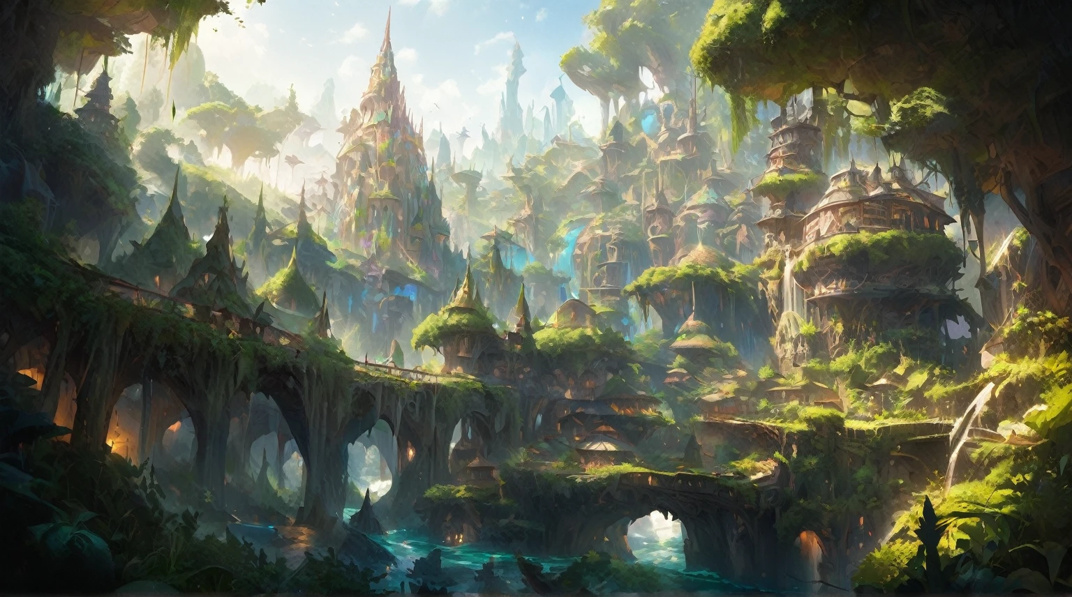 Create a stunning, high-quality Futuristic Elven City with Elven Architechture image that captures the beauty and majesty of nature. Metropolish, lot of Elven Building, The image should include vivid colors, intricate details, and a sense of tranquility, making it perfect for showcasing the splendor of the natural world. Masterpiece, High Quality