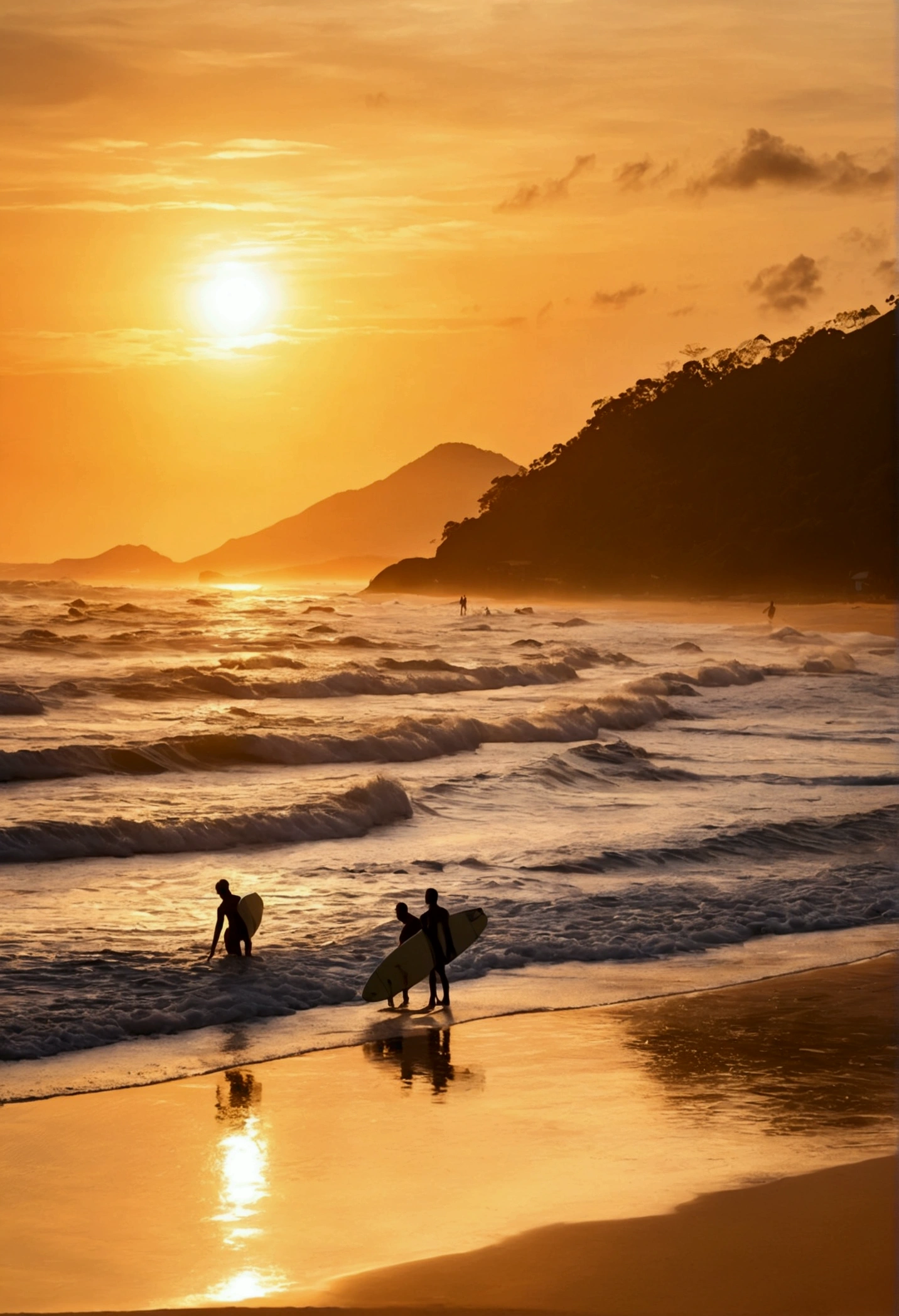 Located on Maresias Beach in Brazil、Surfers at sunset。