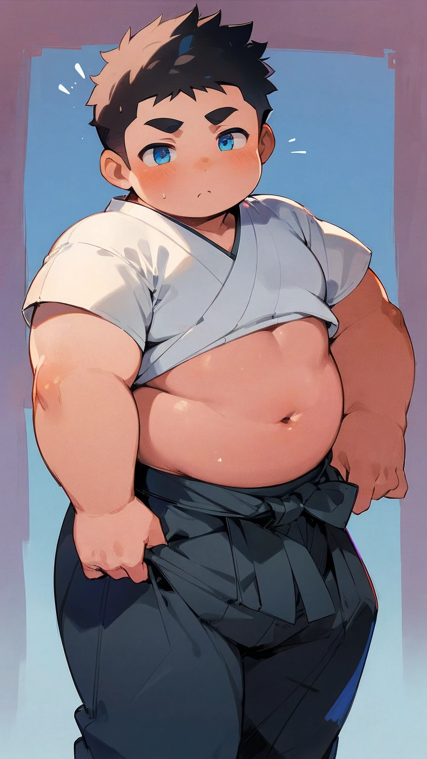 beautiful, chubby, (very short hair), (pudgy face), (naughty), ((high school students!), (handsome), thick, overweight, beefy, (nipples), (cute), (little brat), (naughty brat), (へそ), ぽっちゃりした体, big belly, 汗ばんだ体, (臭そうな体), (nude), (naked)