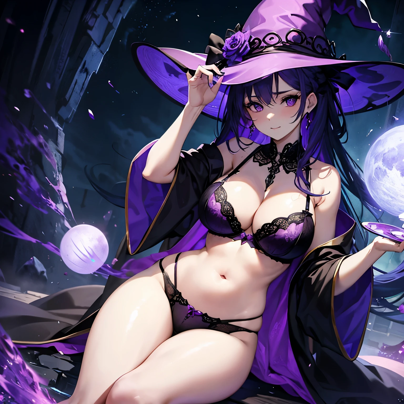 A beautiful witch with purple hair and eyes, witch hat, bra, panties, exposed belly and shoulders, large cleavage.