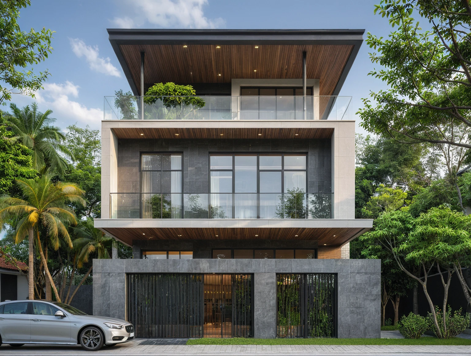 modern villa on street, (daylight), tropical tree, (slope roof, black tiled roof:1.2), vivid color, streetcapes, nice sky, grey tone, large glass door, warm interior lighting, modern material, best quality, ultra realistic, masterpiece, 17ArchiAI_XL_VL-v1
