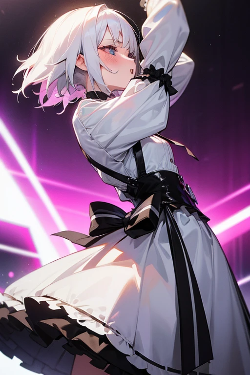 Short white hair, blush, Gothic ta、Punk Fashion、Headbang 2.、White clothes、(Nightclub)