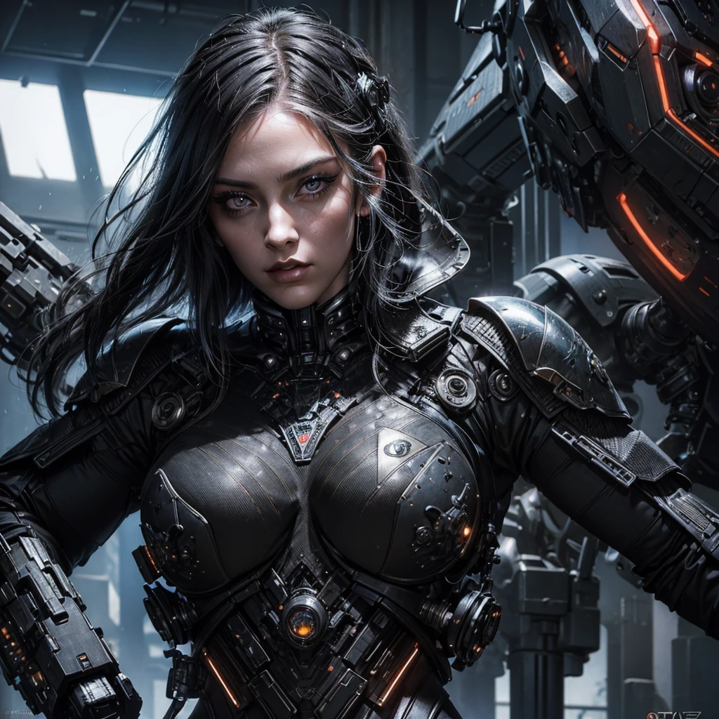 A realistic and detailed woman in a gothic futuristic military uniform, commanding soldiers and surreal creatures on a battlefield, beautiful detailed eyes,beautiful detailed lips,extremely detailed eyes and face,long eyelashes,cyberpunk military uniform,intricate mechanical parts,mythological creatures,advanced technology,glowing military insignia,dynamic poses,cinematic lighting,vibrant colors,sci-fi atmosphere,masterpiece,hyper detailed,photorealistic,8k