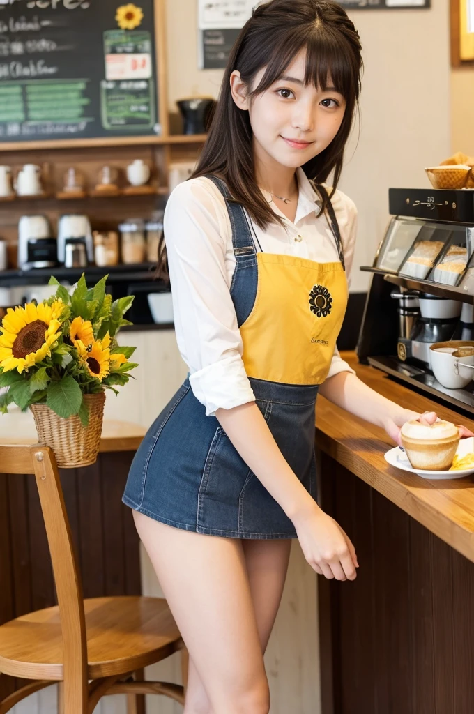 21 years old girl (Japanese cute face) wearing very short mini skirt and apron and working at the coffee cafe with sunflowers