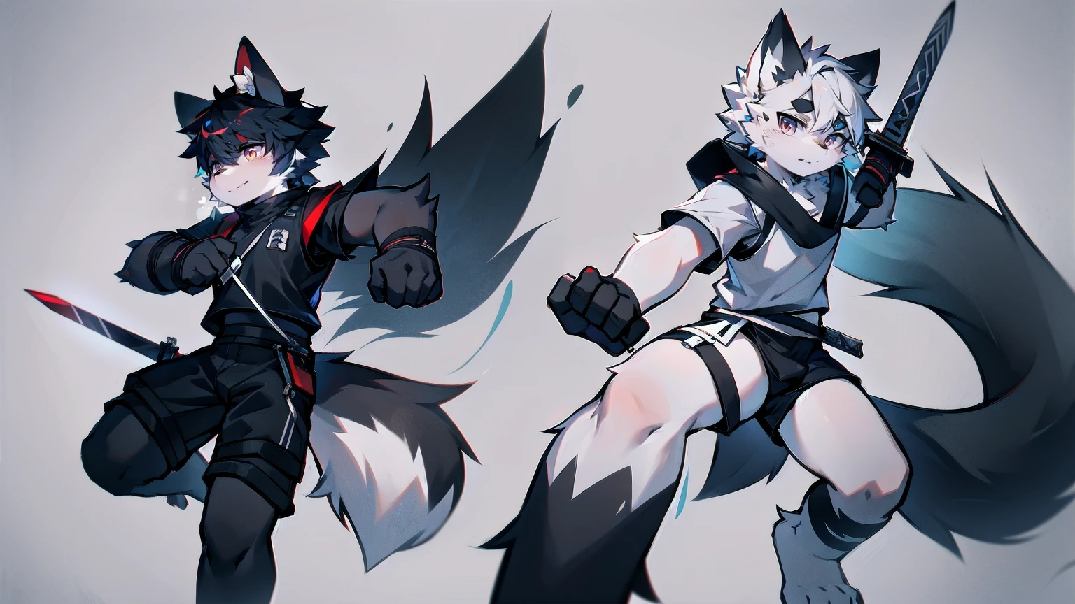 White Wolf,black hair,Red eyes,Wolf ears,Wolf Tail,juvenile,male,hairy,Hair,Half body armor,Combat uniform,Silver and black clothing,Handsome,Handsome,shorts,The forearm is exposed,leg,Fighting Stance,Duel,Two people,Anxious,Armed with a sword,Simple background,Swords
