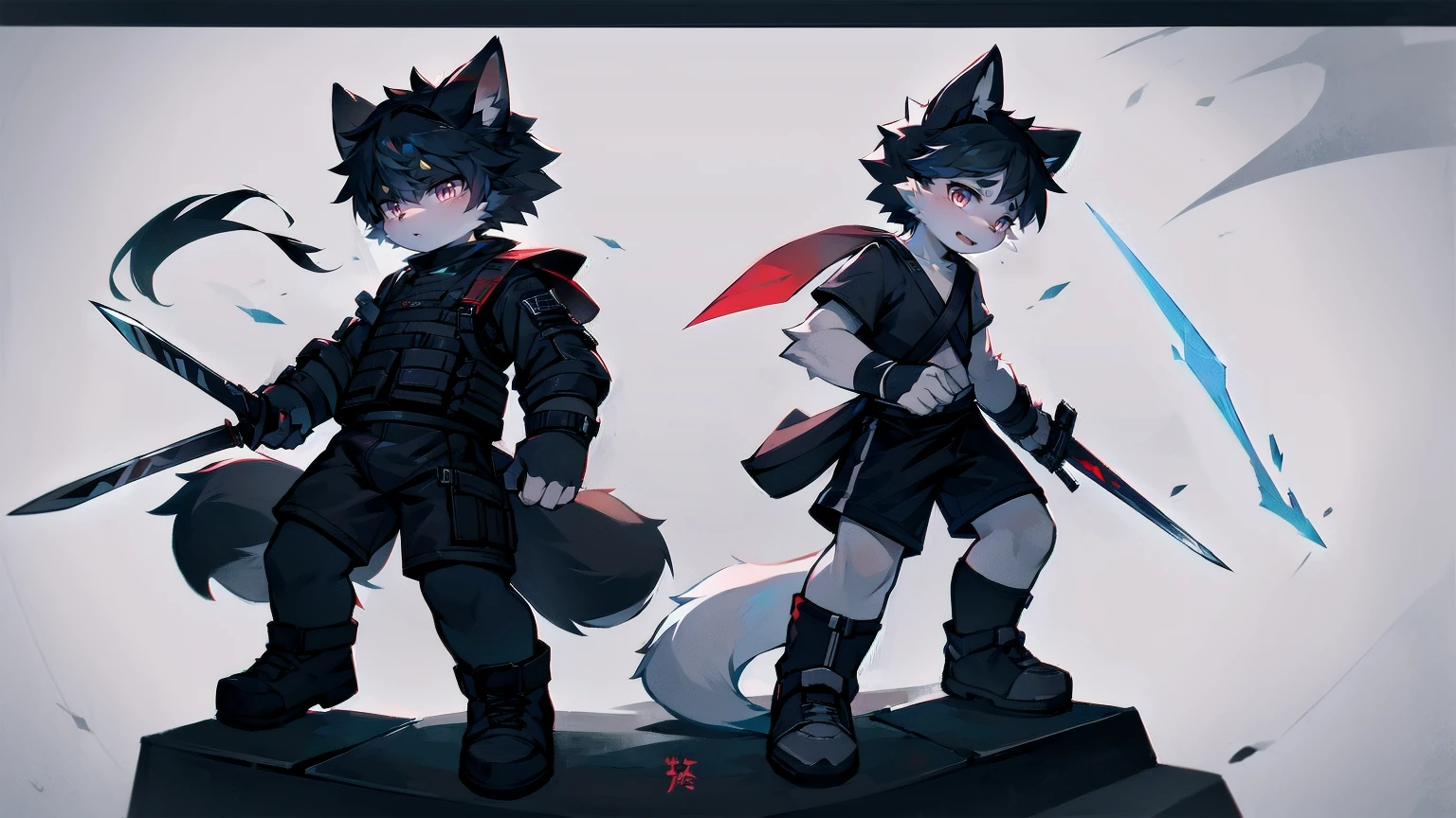 White Wolf,black hair,Red eyes,Wolf ears,Wolf Tail,juvenile,male,hairy,Hair,Half body armor,Combat uniform,Silver and black clothing,Handsome,Handsome,shorts,The forearm is exposed,leg,Fighting Stance,Duel,Two people,Anxious,Armed with a sword,Simple background,Swords