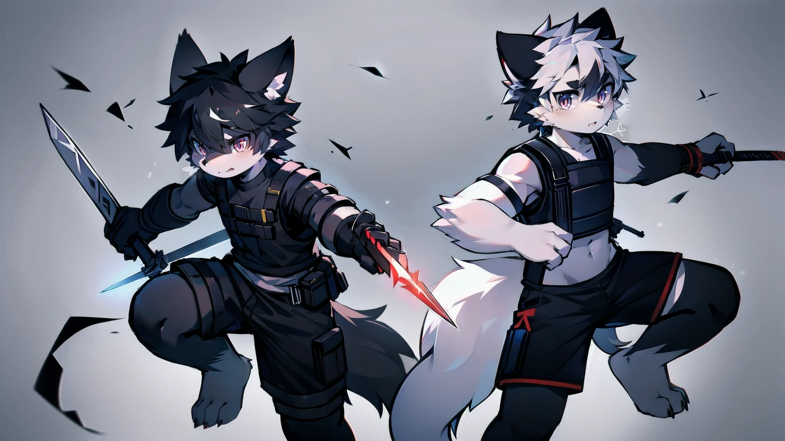 White Wolf，black hair，Red eyes，Wolf ears，Wolf Tail，juvenile，male，hairy，Hair，Half body armor，Combat uniform，Silver and black clothing，Handsome，Handsome，shorts，The forearm is exposed，leg，Fighting Stance，Duel，Two people，Anxious，Armed with a sword，Simple background，Swords