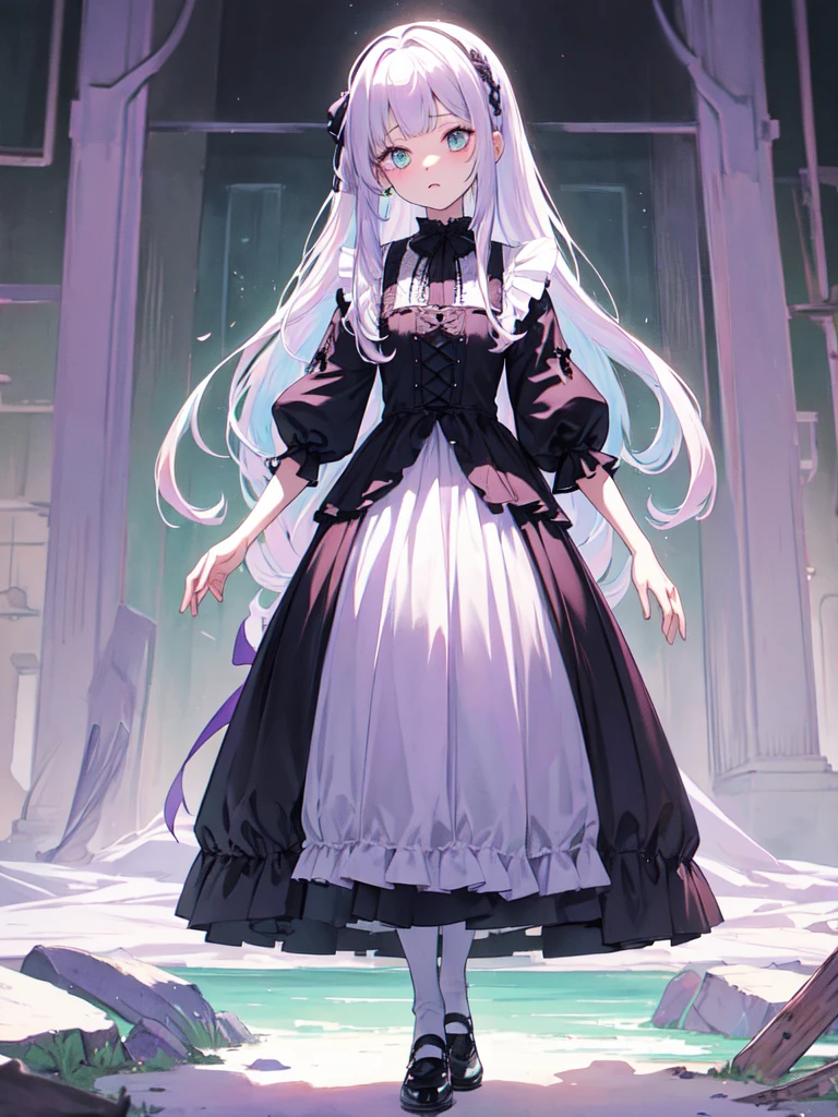 Maid clothes,sketch (Character design sheet, same characters, whole body, Three-View, front, ~ ~ ~ side, return),(Very bright:1.1), White Background, [1 Girl:7], (Tilt your head:1.2), ([sketch|watercolor \(Moderate\)]:1.15),full body, Full bangs,(Full bangs, Straight bangs, The bangs are aligned diagonally), （Gradient braided hair, (Light purple hair), (Ink blotches:1.1), (pale:1.2),(Light purple:1.2),(Light green:1.2)）　and full body, Artistic elements add depth to the work. The overall atmosphere is creepy and nightmarish..., With a unique artistic touch. This movie is、The dark and crazy world of horror movies depicted in HD., Evoke visual stimuli and aesthetic sense, It will terrify and excite the audience....,watercolor画, （Lightless, Eyes without highlights, Evil Eye, A bad looking person with white eyes, It&#39;s a red eyeliner）,whole body絵, Maid clothesを着ている and （Mature face,tall, Wearing black tights,Green Eyes, The skin is hidden　and maid, The background is a dark and desolate landscape, Horror movie atmosphere. Her figure is extremely beautiful, Emphasizing the dark and crazy elements. Skillfully expressing the effects of light and shadow, detailed, The face and expression of the black costume are also carefully drawn.　and ..,sketch (Character design sheet, same characters, whole body, Three-View, front, ~ ~ ~ side, return) and 1 female, Nervous,Cowboy Shot,,(Very bright:1.1), White Background, [1 Girl:7], (Tilt your head:1.2), ([sketch|watercolor \(Moderate\)]:1.15),Chaotic Abstraction