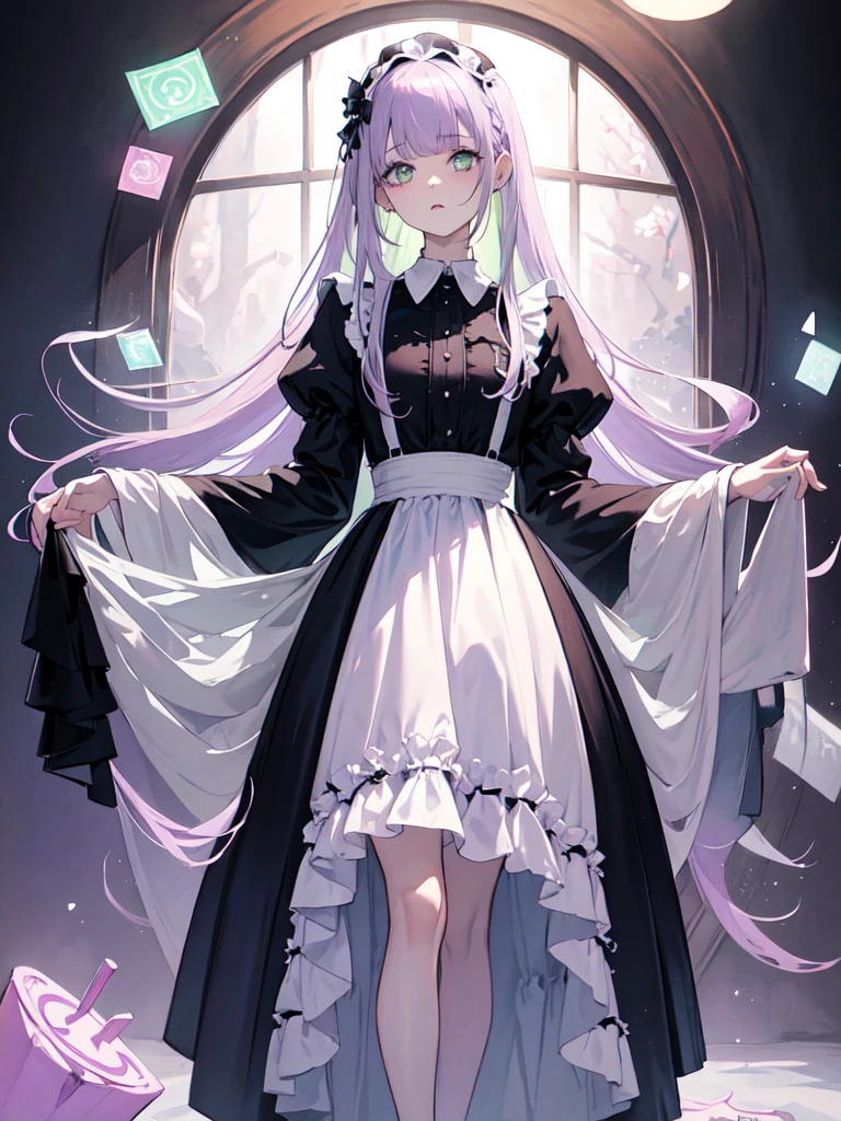 Maid clothes,sketch (Character design sheet, same characters, whole body, Three-View, front, ~ ~ ~ side, return),(Very bright:1.1), White Background, [1 Girl:7], (Tilt your head:1.2), ([sketch|watercolor \(Moderate\)]:1.15),full body, Full bangs,(Full bangs, Straight bangs, The bangs are aligned diagonally), （Gradient braided hair, (Light purple hair), (Ink blotches:1.1), (pale:1.2),(Light purple:1.2),(Light green:1.2)）　and full body, Artistic elements add depth to the work. The overall atmosphere is creepy and nightmarish..., With a unique artistic touch. This movie is、The dark and crazy world of horror movies depicted in HD., Evoke visual stimuli and aesthetic sense, It will terrify and excite the audience....,watercolor画, （Lightless, Eyes without highlights, Evil Eye, A bad looking person with white eyes, It&#39;s a red eyeliner）,whole body絵, Maid clothesを着ている and （Mature face,tall, Wearing black tights,Green Eyes, The skin is hidden　and maid, The background is a dark and desolate landscape, Horror movie atmosphere. Her figure is extremely beautiful, Emphasizing the dark and crazy elements. Skillfully expressing the effects of light and shadow, detailed, The face and expression of the black costume are also carefully drawn.　and ..,sketch (Character design sheet, same characters, whole body, Three-View, front, ~ ~ ~ side, return) and 1 female, Nervous,Cowboy Shot,,(Very bright:1.1), White Background, [1 Girl:7], (Tilt your head:1.2), ([sketch|watercolor \(Moderate\)]:1.15),Chaotic Abstraction