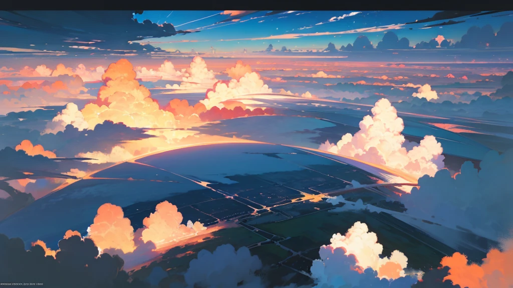 (masterpiece, highest quality:1.2), highest quality, masterpiece, high resolution, anime style, Skyscape, ultra detailed, Skyscape illustration, realistic, super wide sky, sky as far as the eye can see, morning glow, Orange-tinged gradient sky, Telephone poles penetrating the clouds, Large number of poles, Unrealistic, horizon, morning sky, coverd in the cloud, The Land of Clouds, (Shinkai Makoto style:0.5), Looking down on a viewpoint