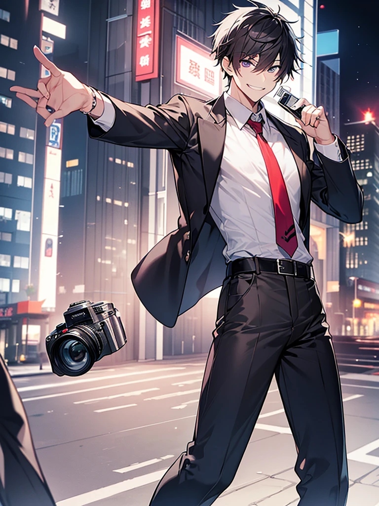 Have a professional camera:1.3、Villain、modern、Downtown at night、He has a bad appearance、Skinny macho、Short Hair、A mean smile、White shirt、