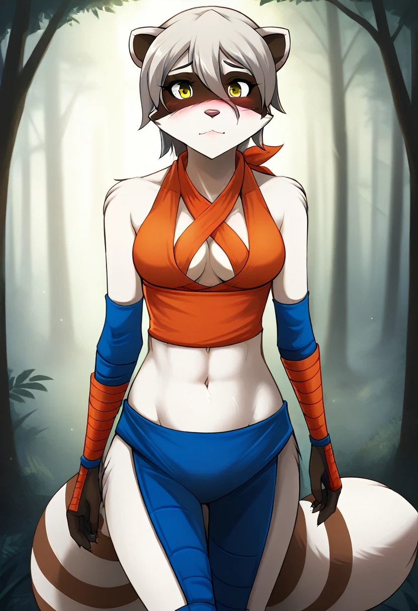 score_9, score_8_up, score_7_up, score_6_up, score_5_up, score_4_up, rating_explicit, source_furry, female, cute anthro female, cute face, detailed background, looking at viewer, solo, solo focus, (digital pen line-art, soft lines, soft shading, pinup, cartoon, anime:1.2), tkraine, (raccoon:1.3), yellow eyes, silver hair, (white fur, bushy tail:1.4), anthro, (ninja:1.4), forest, ninja scroll, blush, shy, midriff, medium breasts, looking at viewer, bare shoulders, criss cross halter