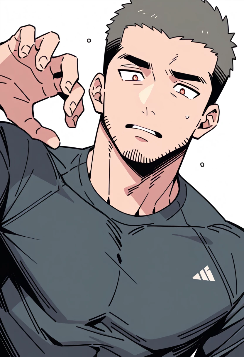 anime characters:Priapus, Muscle Sports Student, Buzz Cut, Manliness, male focus, Light Grey high collar long sleeve tight T-shirt, Very tight, Round, full and perky chest muscles, muscular male, muscular, only, Upper body, alone, Black short hair, Thick eyebrows, stubble, Brown-red pupils, White background, simple background, amazing quality, best aesthetics, Ridiculous, crew cut, parted lips, flustered, endured face, best quality