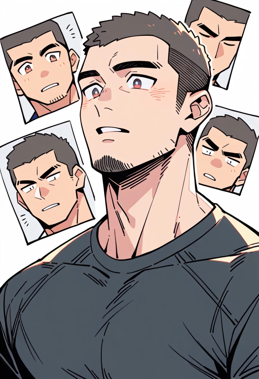 anime characters：Priapus, Muscle Sports Student, Buzz Cut, Manliness, male focus, Light Grey high collar long sleeve tight T-shirt, Very tight, Round, full and perky chest muscles, muscular male, muscular, only, Upper body, alone, Black short hair, Thick eyebrows, stubble, Brown-red pupils, White background, simple background, amazing quality, best aesthetics, Ridiculous, crew cut, parted lips, flustered, endured face, best quality