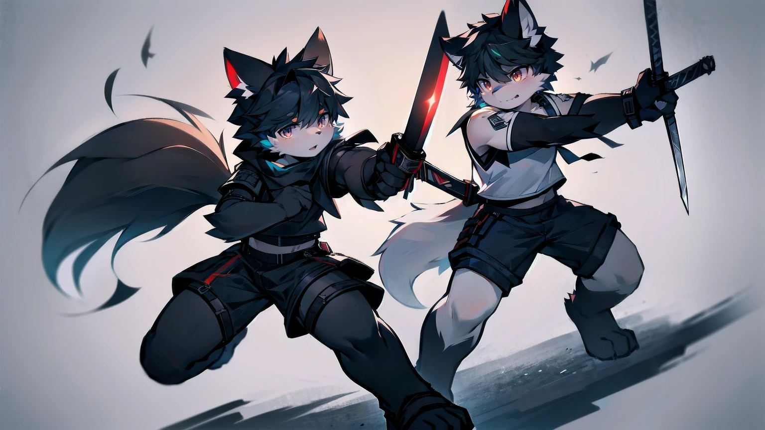 White Wolf，black hair，Red eyes，Wolf ears，Wolf Tail，juvenile，male，hairy，Hair，Half body armor，Combat uniform，Silver and black clothing，Handsome，Handsome，shorts，The forearm is exposed，leg，Fighting Stance，Duel，Two people，Anxious，Armed with a sword，Simple background，Swords