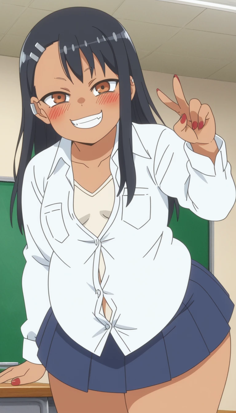 score_9, score_8_up, score_7_up, source_anime, anime screencap, anime coloring,
hayasenagatoro,
hayase nagatoro, ((obese)), ((morbid obesity)), ((very drunk)), ((staggers)), ((agitated)), ((provocative)), ((small breast)), ((belly stuffed)), long hair, bangs, black hair, hair ornament, brown eyes, hairclip, fang, dark skin, dark-skinned female, tan,
skirt, ((shirt unbuttoned)), ((white shirt unbuttoned)), pleated skirt, nail polish, blue skirt, red nails, earclip,
indoors, classroom, bent over, smile,
looking at viewer, solo,