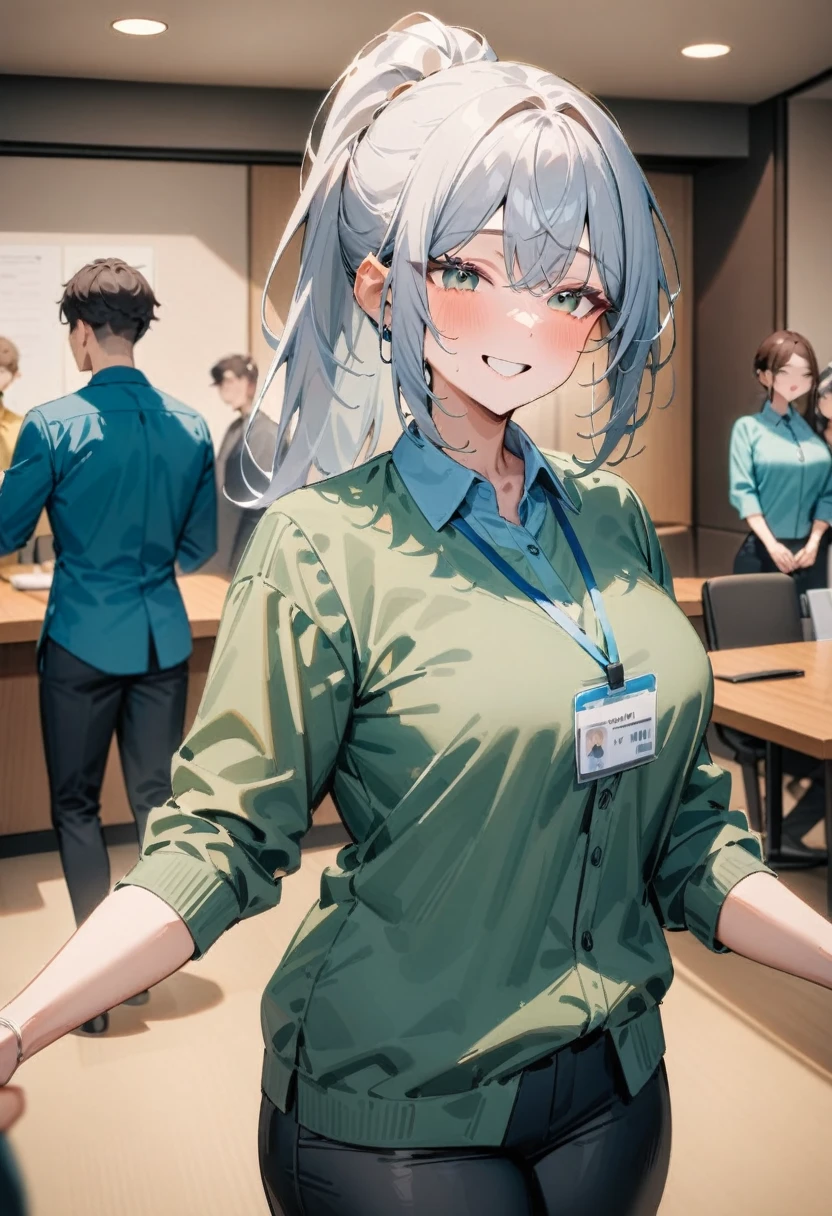 masterpiece, best quality, very aesthetic, absurdres, newest, long hair, smile, multiple girls, brown hair, shirt, black hair, long sleeves, jacket, ponytail, short sleeves, grey hair, multiple boys, collared shirt, pants, blue shirt, yellow shirt, green shirt, lanyard, aqua shirt, conference room