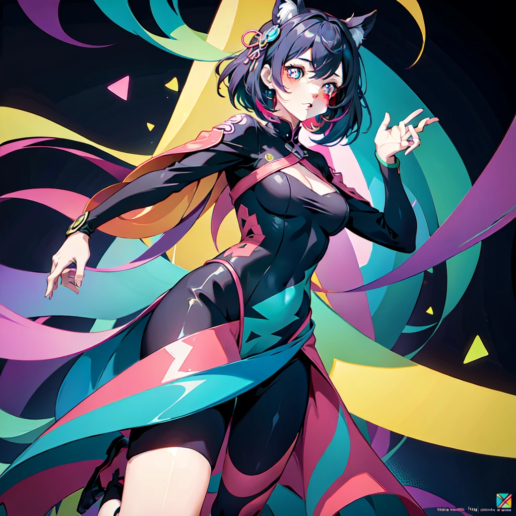Vibrant geometric high-resolution digital art, Multicolored patterns and shapes forming a background, Contrasting with the character's muted colors BREAK A frontal angle capturing the character's upper body and face, BREAK Young with a relaxed posture and a slight tilt of the head々Short and sweet, Pale hair and a faint blush on the cheeks, BREAK Complex looks casual in a geometric patterned hoodie, A kaleidoscope of colors and shapes, They may depict stylized cityscapes or abstract objects., Artistic expression of urban life.