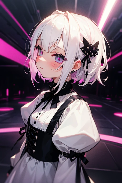 Short white hair, blush, Gothic ta、Punk Fashion、Headbang 2.、White clothes、(Nightclub)