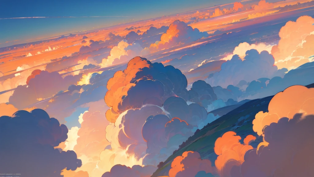 (masterpiece, highest quality:1.2), highest quality, masterpiece, high resolution, anime style, Skyscape, ultra detailed, Skyscape illustration, realistic, super wide sky, sky as far as the eye can see, morning glow, Orange-tinged gradient sky, Large number of utility poles piercing the sky, Unrealistic, horizon, morning sky, coverd in the cloud, The Land of Clouds, (Shinkai Makoto style:0.5), Looking down on a viewpoint